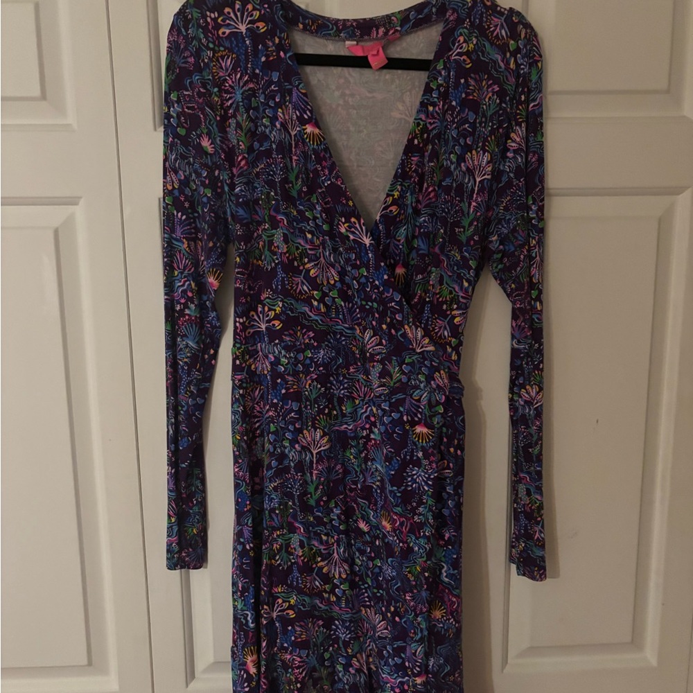 Lilly Pulitzer Navy Floral Long Sleeve Wrap Dress
